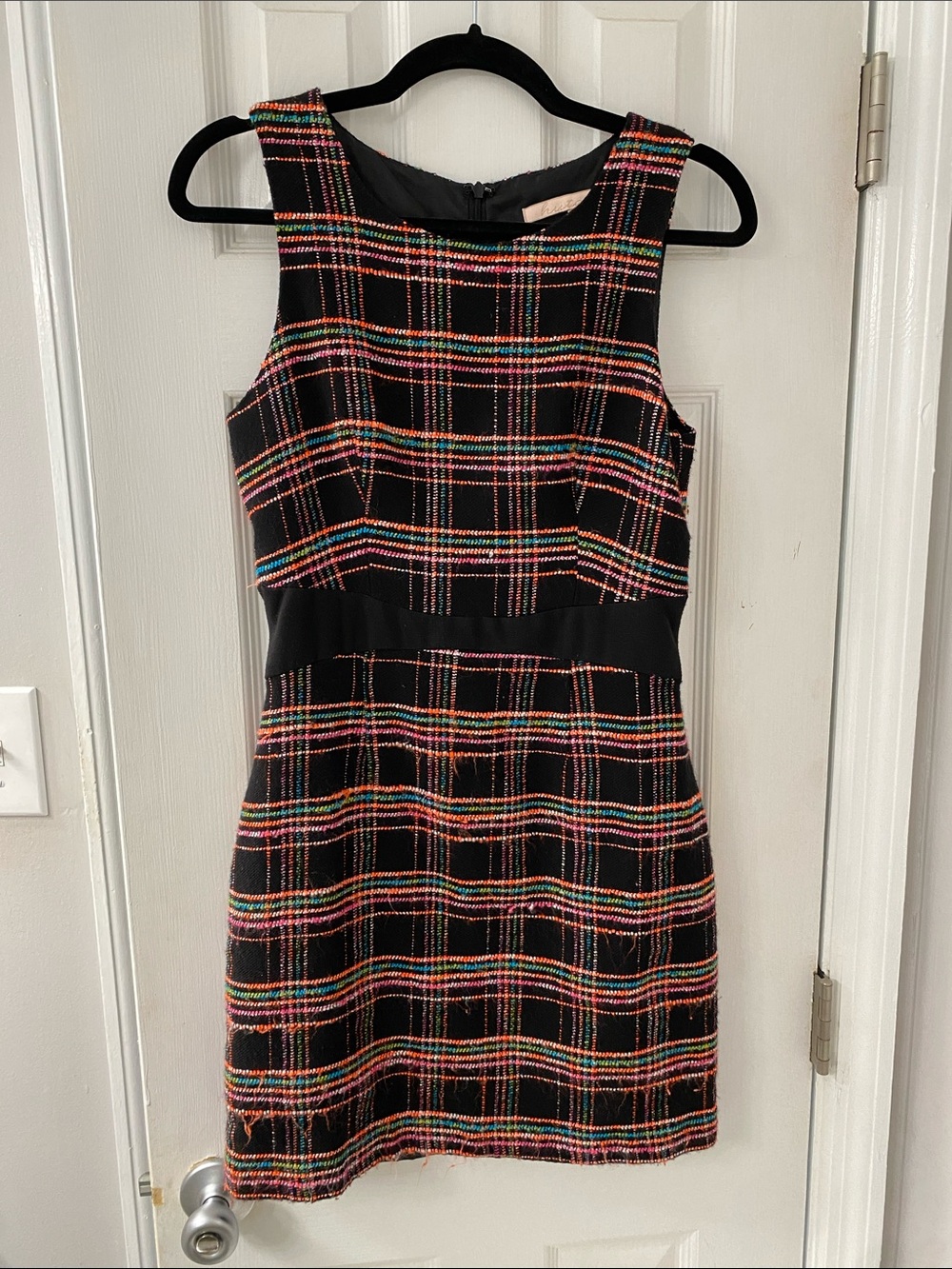 Sleeveless Black Plaid Knit Dress with Multicolor Stripes